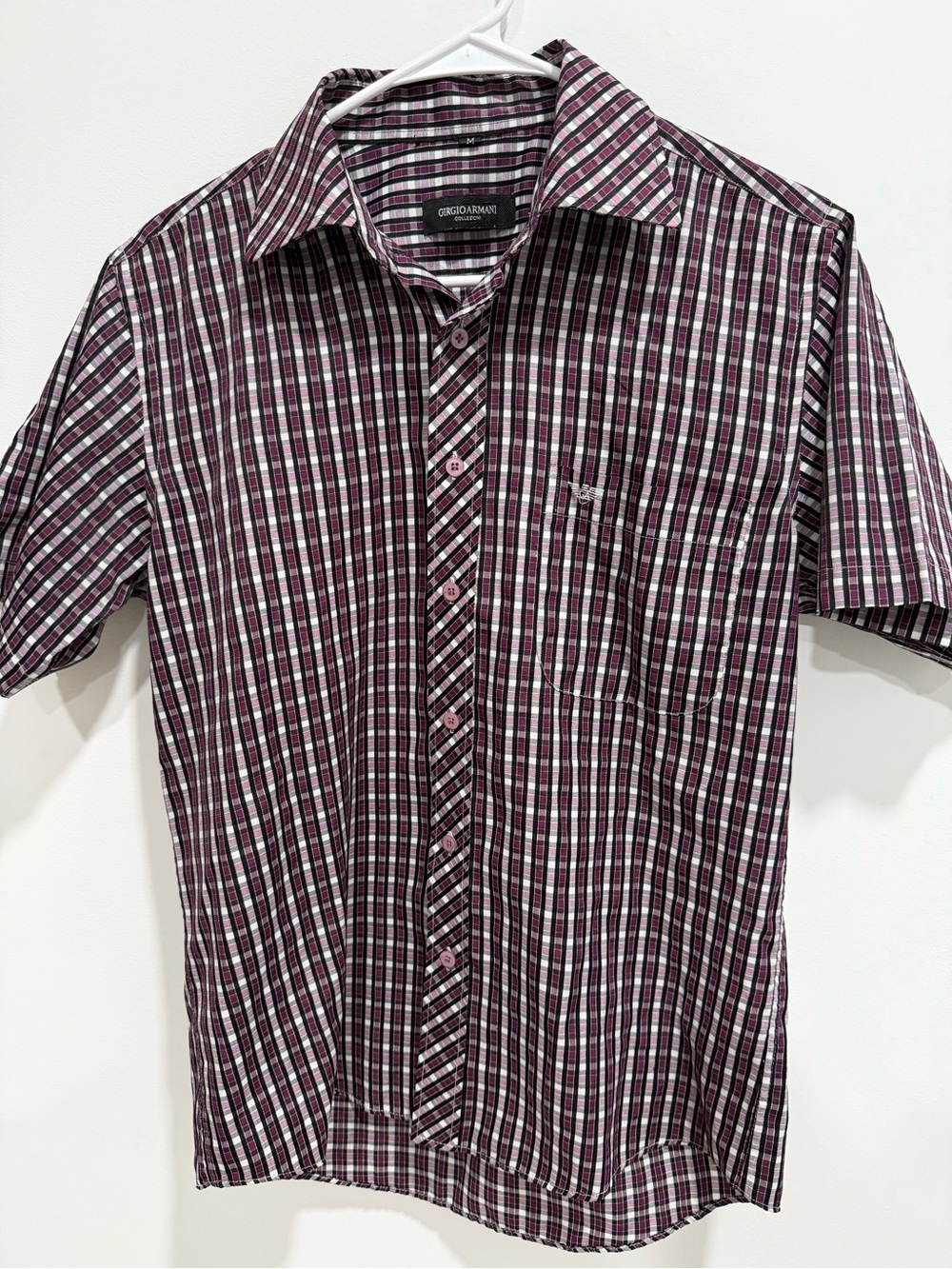 Giorgio Armani Burgundy and White Checked Short-Sleeve Button-Up Shirt